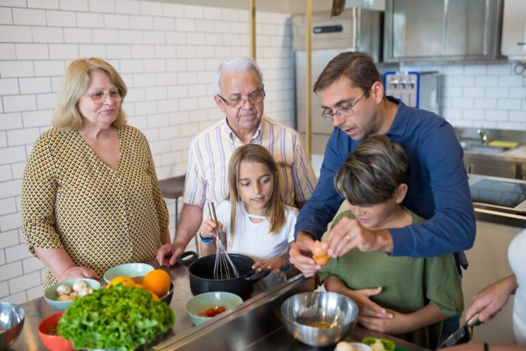 blended family with adult children cooking